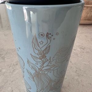 **STARBUCKS** Blue Ceramic tumbler with Gold Mermaid Design. NEW!